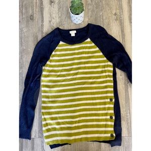 EUC J. Crew Green and Navy Striped Sweater with Button Detail. Size Extra Small.